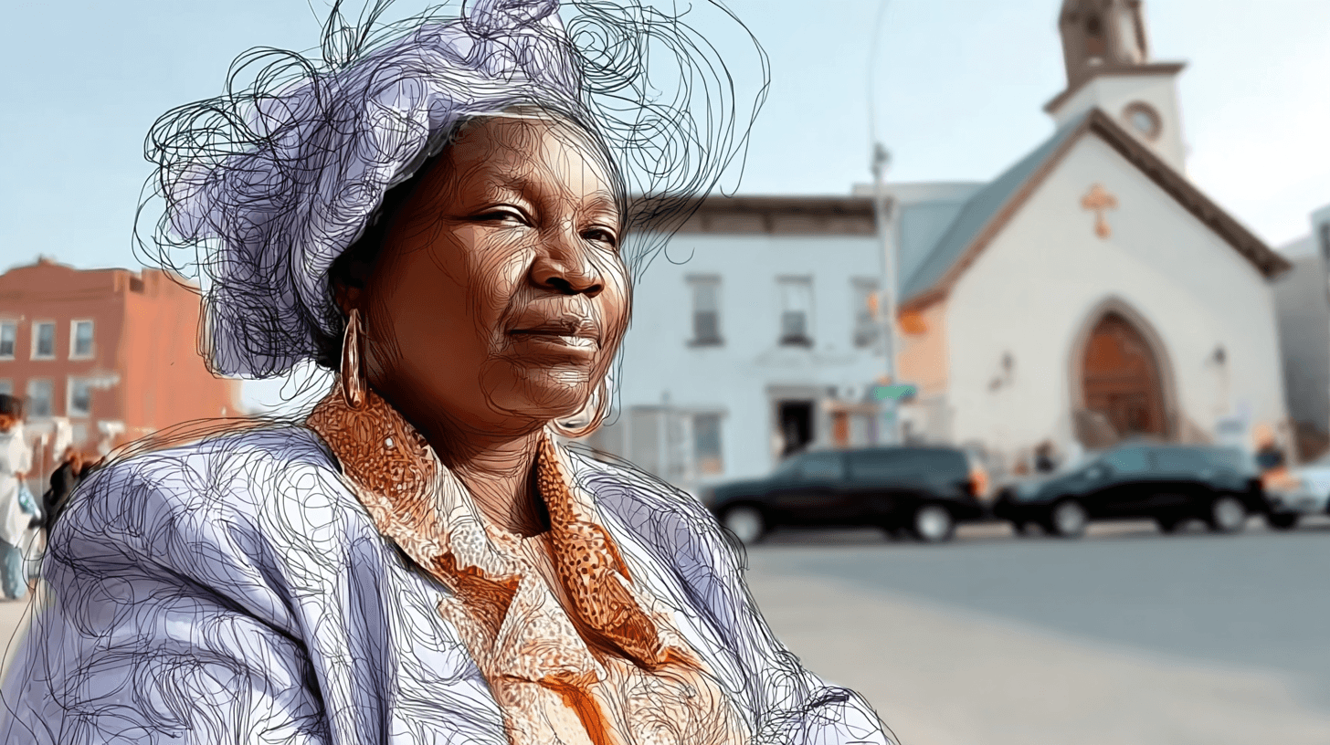 An elder community member standing near a neighborhood church