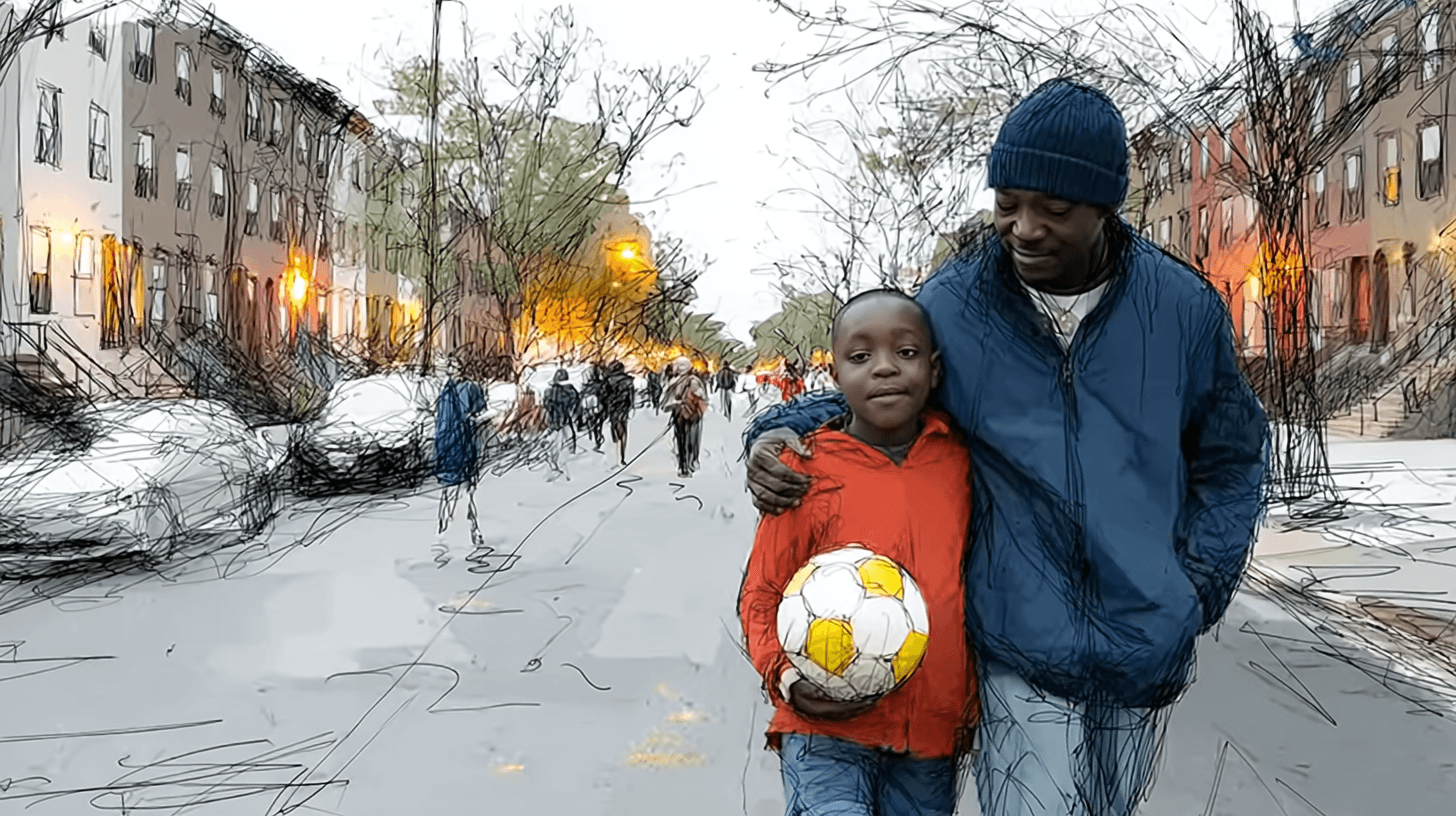 A father and son walking down a tree-lined Brooklyn street at dusk