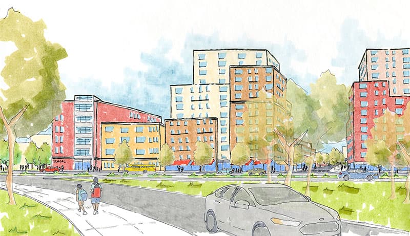 Watercolor rendering of an affordable housing development in East New York