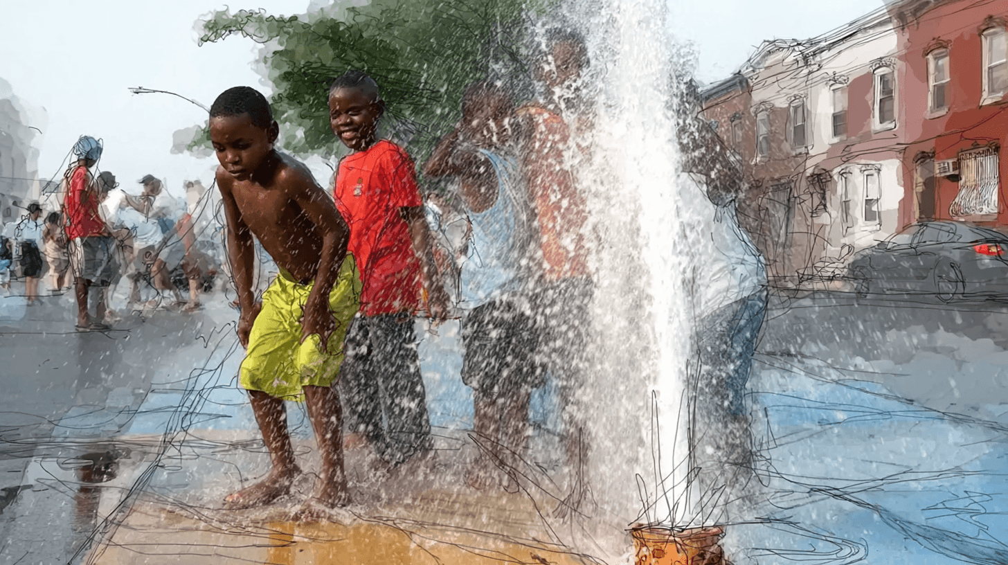 Children playing in a fire hydrant spray on a Brooklyn summer day
